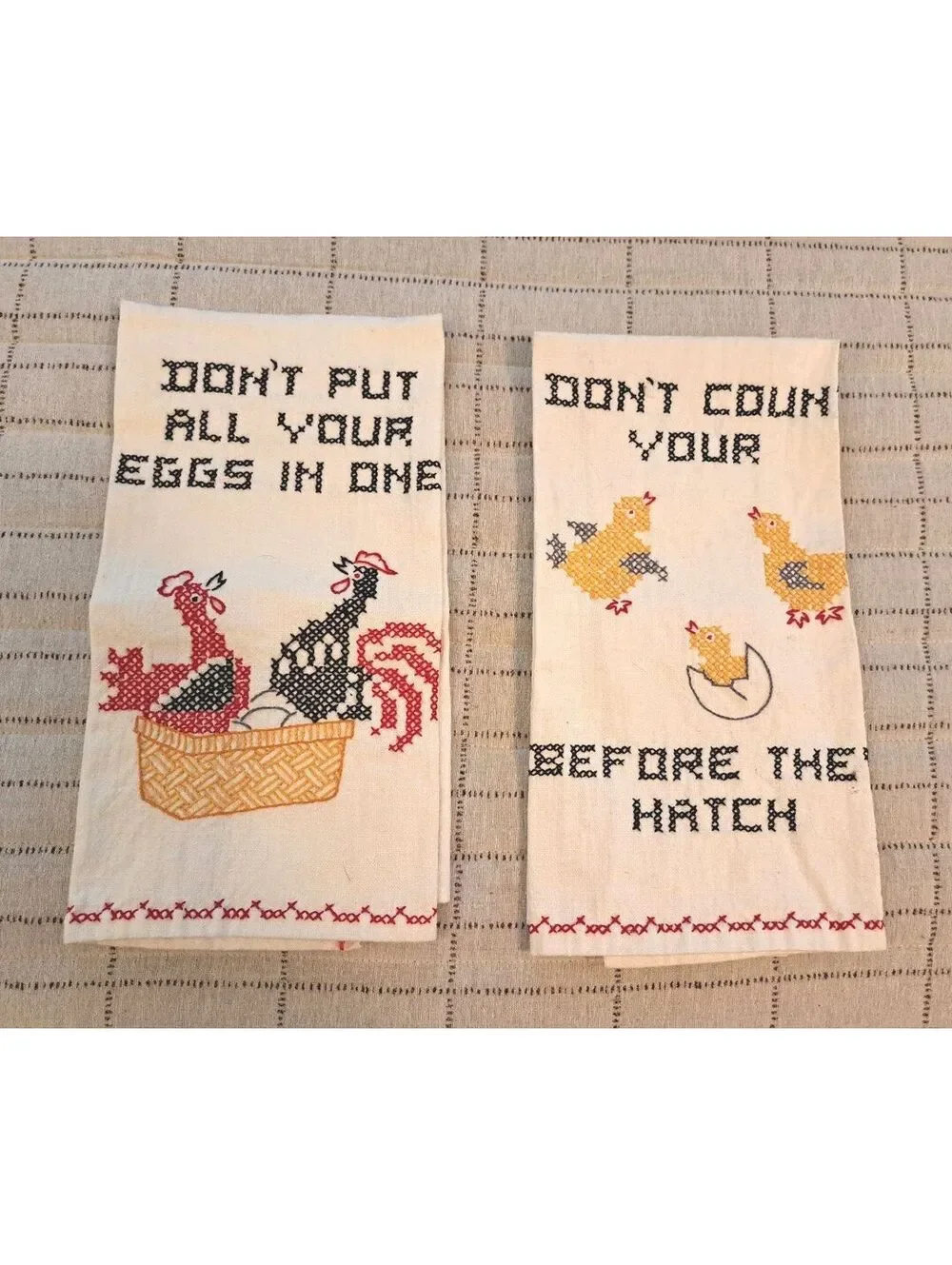 Vintage Set-2 Handmade Cross-Stitch Farmhouse Wisdom Chicken Kitchen Tea Towels